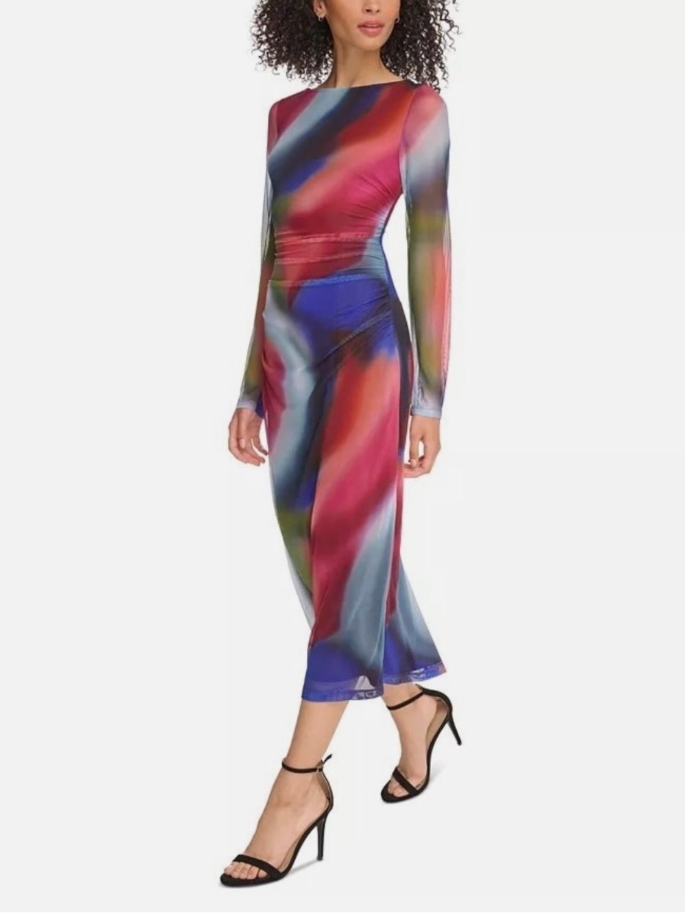 NWT Vince Camuto Abstract Watercolor Printed Mesh Ruched Bodycon Midi Dress Sz 4